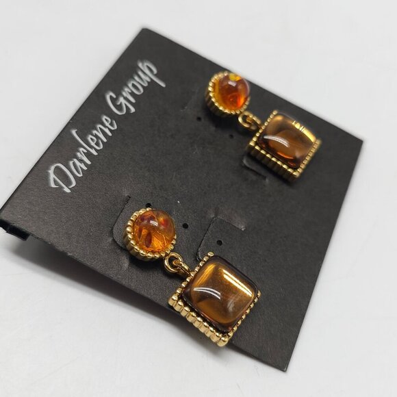 Darlene Group Gold Tone Drop Earrings With Amber Style Stones - Picture 2 of 4